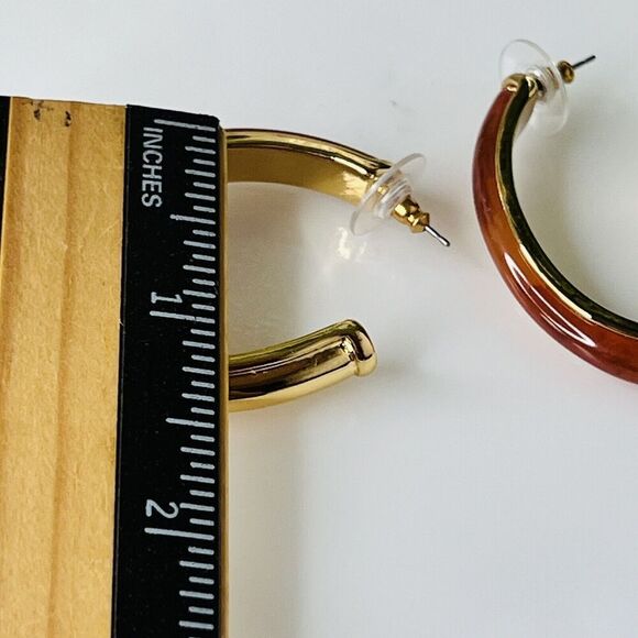 Kara Ross Black Label by Chico’s Tortoise Resin Gold Tone Earrings Open Hoop - Picture 9 of 9